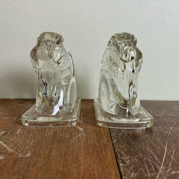 Federal Glass 1940s Clear Glass Horse Head Book End Pair (2 pc) Shelf Decor - Picture 6 of 9